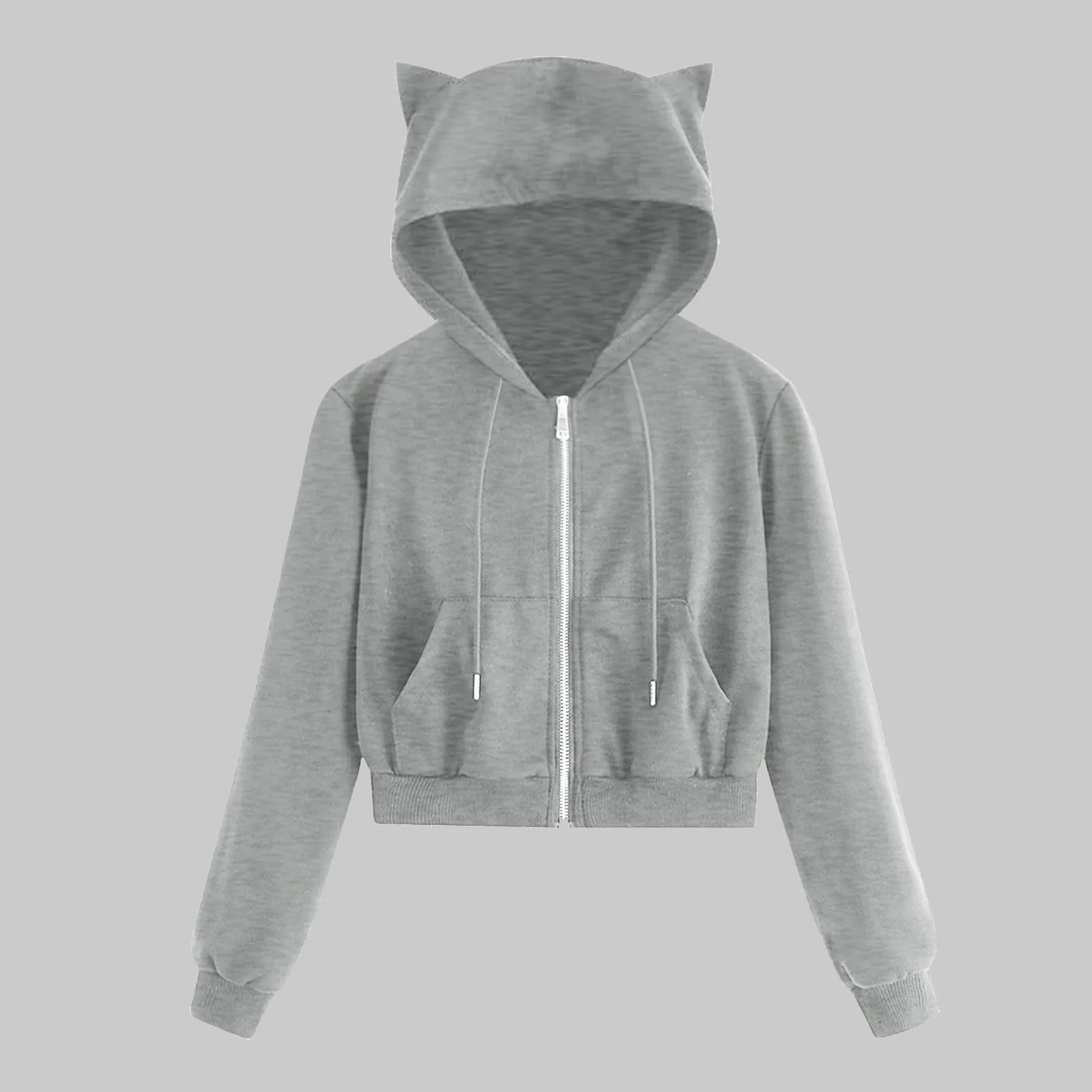 Women Casual Solid Hoodie Crop Top Long Sleeve Zipper Pocket Shirt Cat Hooded Sweatshirt Teen Girls Thin Jackets Bluza Moletom