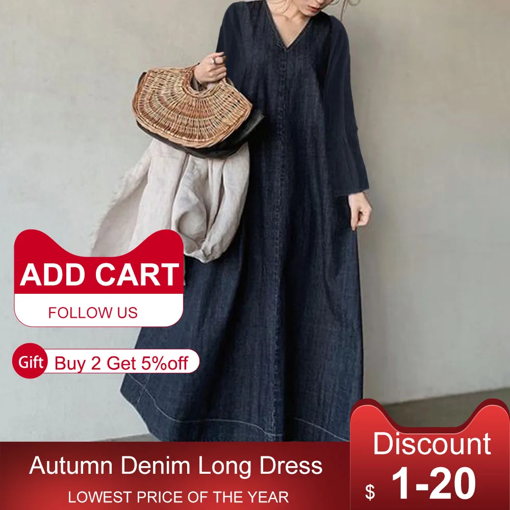 

Denim Blue Women Dress Autumn Korean A Line Female Long Maxi Casual 2022 Spring Japan Lady Dresses Loose Dresses solid
