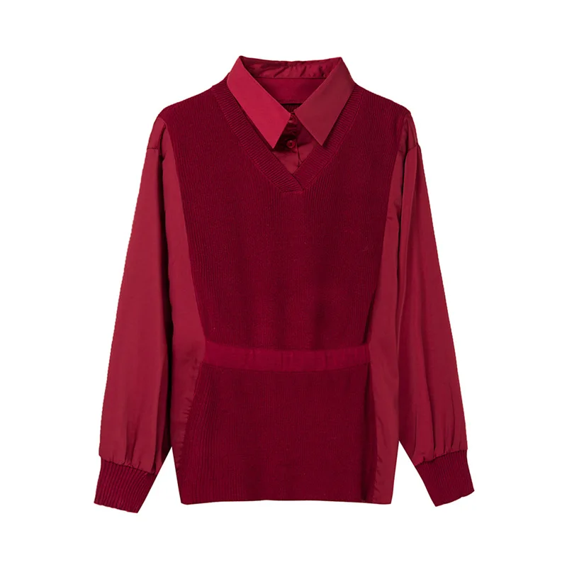 

2021 spring women's sweater solid color Lapel spring top women's casual thin fake two piece simple knitting Pullover