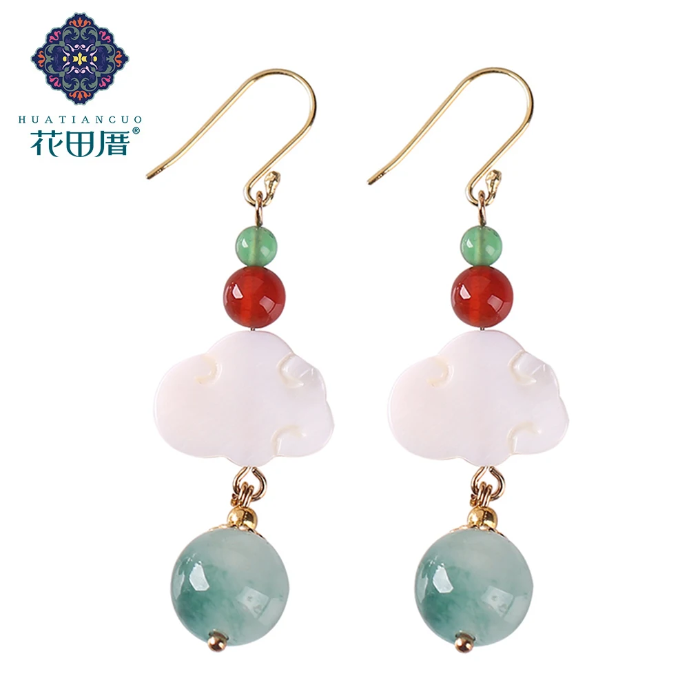 

White J ade Cloud Green J ade Bead Dangle Earring Gold Plated Ethnic Handmade Woman Jewelry Accessories EZ-18057