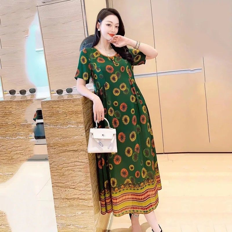 

Silk dress women's 2021 summer new round neck age reducing loose print comfortable medium length skirt