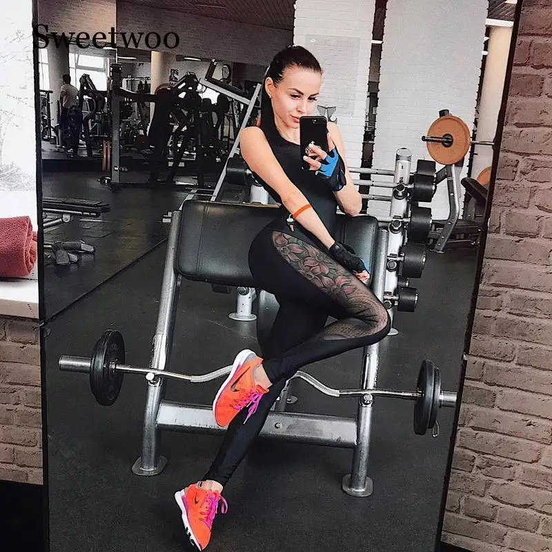 Женская спортивная одежда комплект для йоги сетчатый лоскутный черный