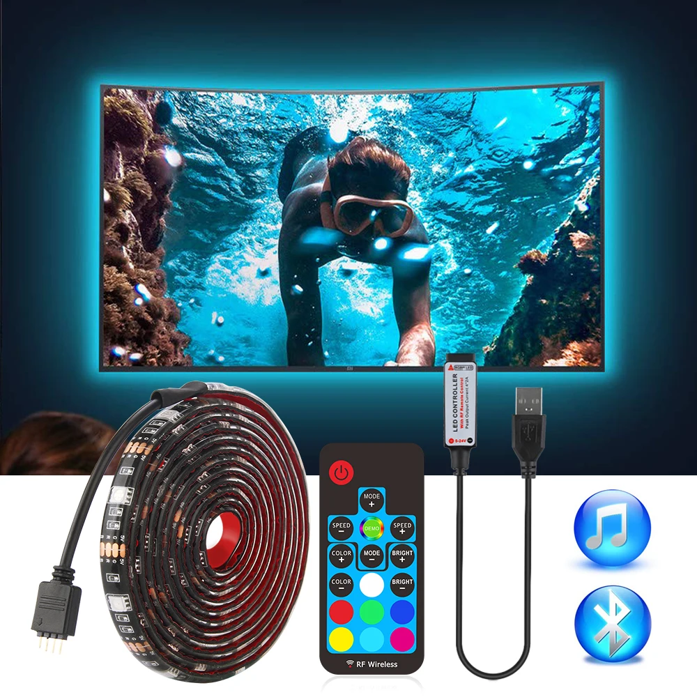 USB Светодиодная лента 5050 RGB ТВ фоновое освещение комплект можно резать с ИК РФ Музыка Bluetooth RGB светодиодный контроллер, 0,5 м/1 м/2 м комплект
