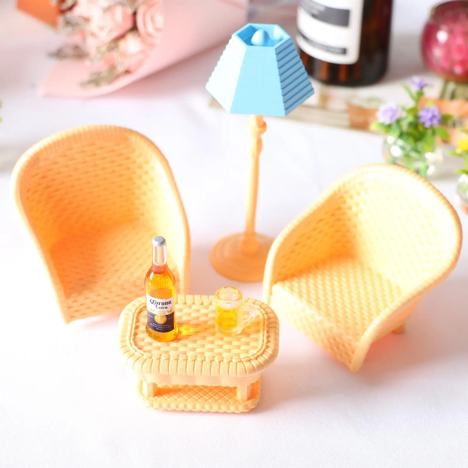 

Dollhouse Miniature Rattan Chair Tea Table Light Beer Mug Living Room Decoration Children Toys Birthday Christmas Gift