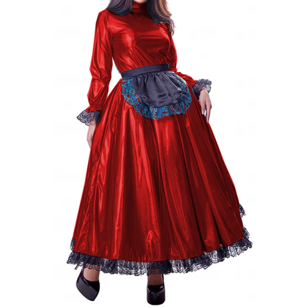 Французский ПВХ Сисси горничной длинное платье Костюм Косплэй с длинным рукавом