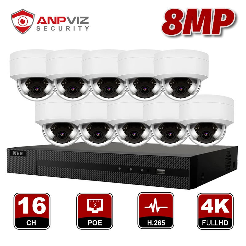 Наружная купольная IP камера 16 каналов 8 Мп комплект системы видеонаблюдения H.265 POE