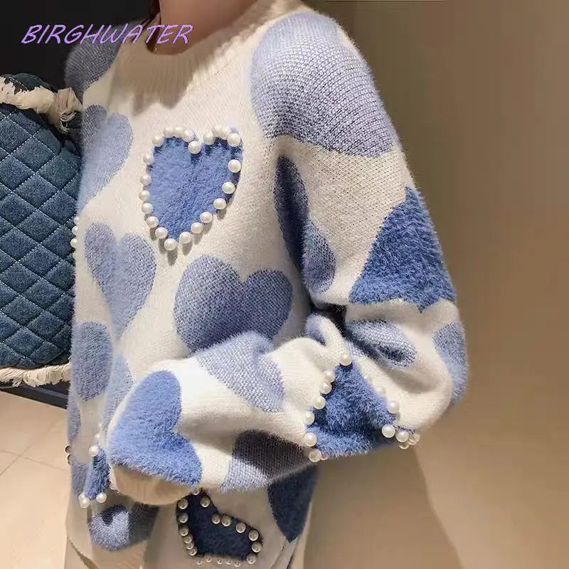 

Женский кашемировый свитер, жаккардовый вязаный джемпер из искусственной норки с сердечками и бусинами, Повседневный пуловер для осени, 2022