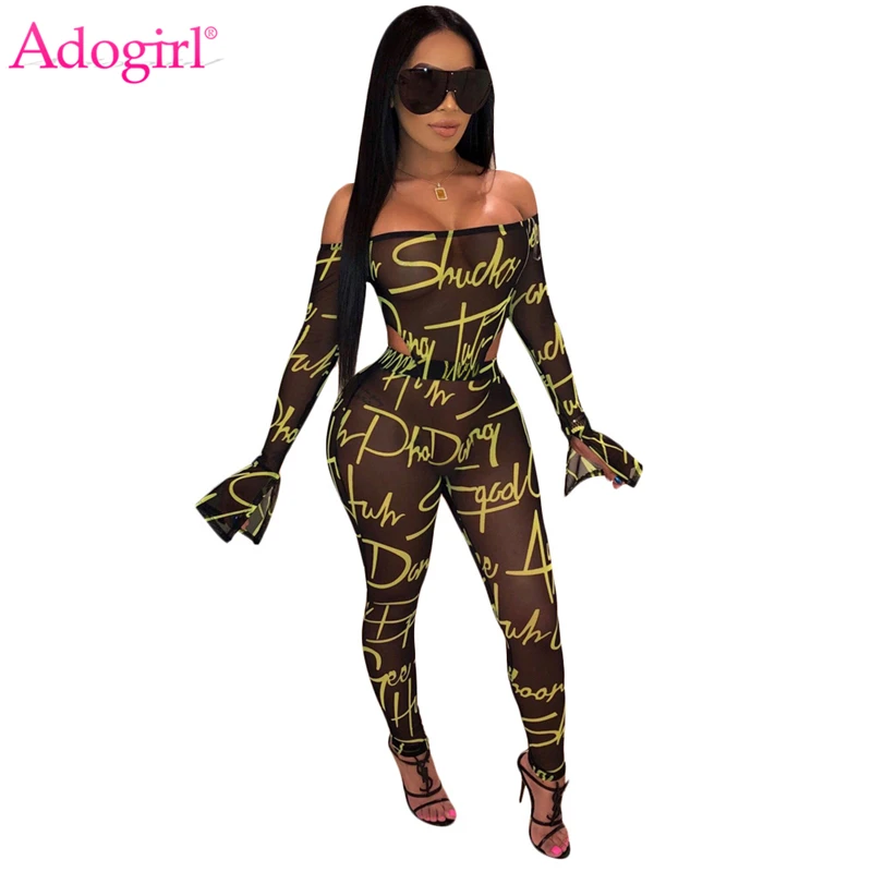 Женский сетчатый комбинезон с расклешенными штанинами Adogirl прозрачный буквенным