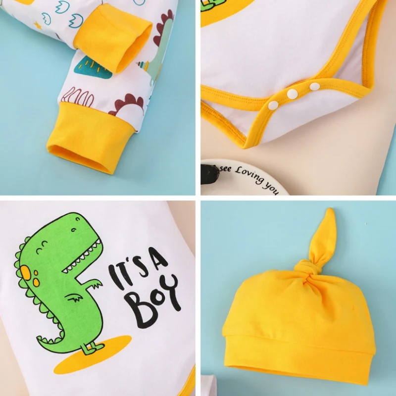 

3Pcs Toddler Baby Boys Clothes Set Cute Cartoon Print Short Sleeve Romper Bodysuit Trousers Hat Baby Clothing Outfit 0-18M