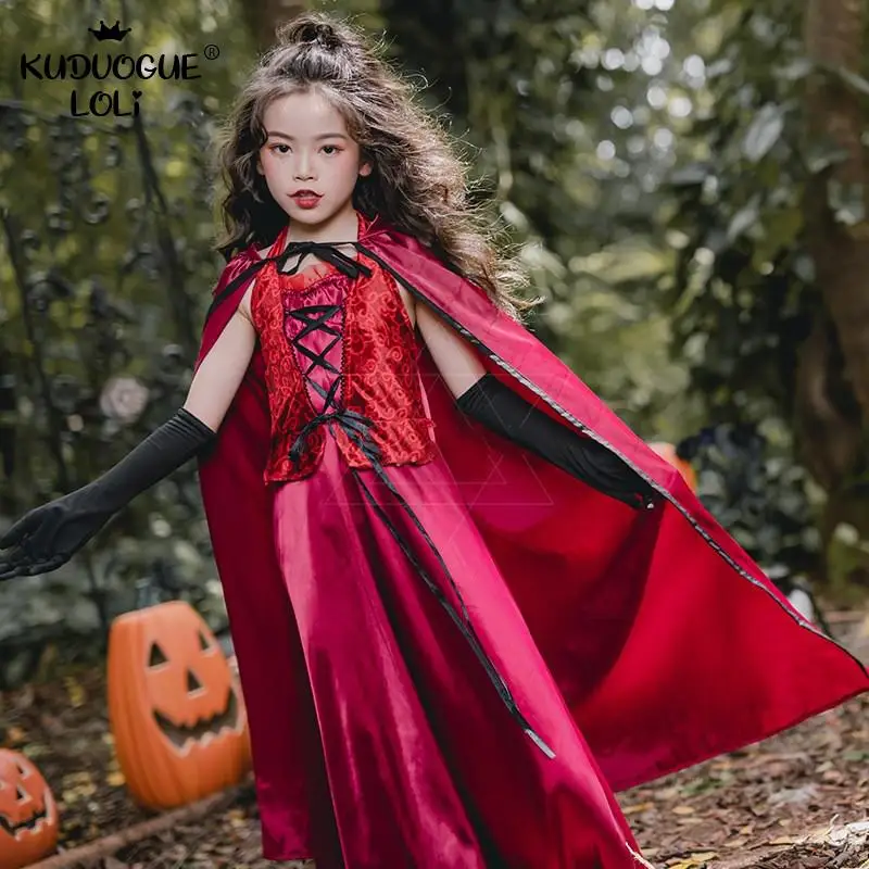 Костюм вампира на Хэллоуин для маленьких девочек платье ведьмы косплея шаль плащ