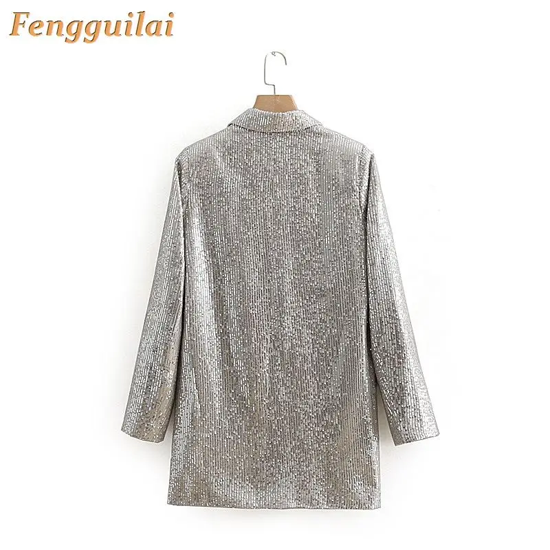 FENGGUILAI Double Breasted Blazer Sequins Club Blazer Long Sleeve Suit Coat Jacket Chic Women BlingBling Blazers Female