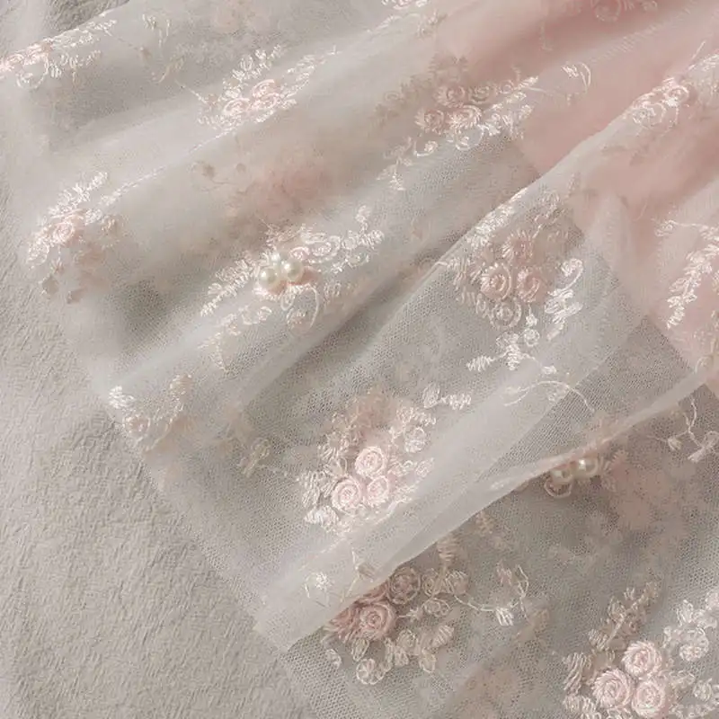 

Sweet Beaded Elastic Waist Floral Embroidery Long Skirt Women Fashion White Pink Skirts Women Maxi Mesh Tulle Skirt Female C7103