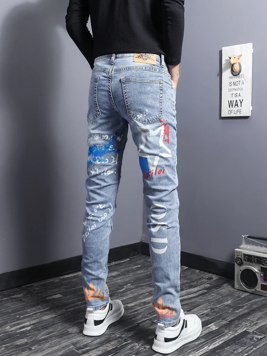 

Fashion Streetwear Men Jeans Light Blue Elastic Slim Fit Printed Denim Punk Trousers Designer Hip Hop Cotton Pencil Pants Hombre