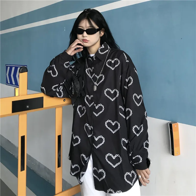 

Harajuku Shirts Women Men Summer Love Chain Print Loose Long Sleeve High Street Streetwear
