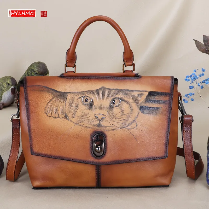 

Retro Genuine Leather Women handbag top layer cowhide female shoulder messenger bag ladies Hand-painted buckle portable tote bag