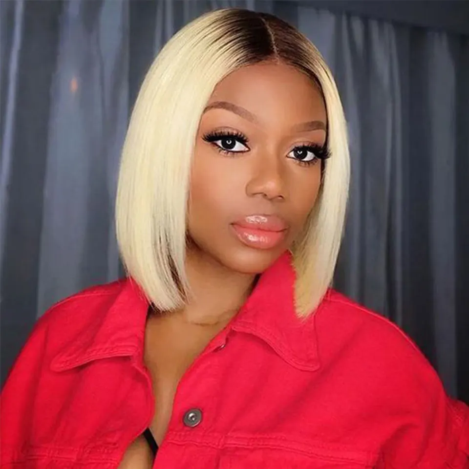 

4/613 Blonde Bob Wigs 150% Density Brazilian Straight Human Hair 13x4 Lace Front Ombre Wigs For Black Women PrePlucked