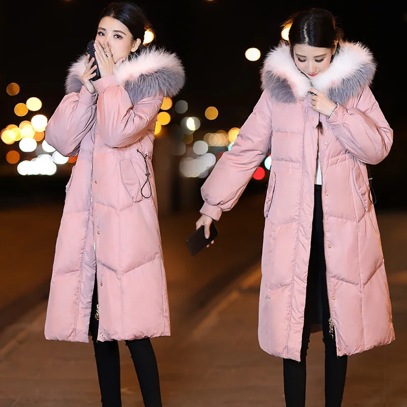 women down coats 2019 autumn winter top brands pink fur collar hooded Collar fashion long Jackets Female Wear Parkas Plus Size