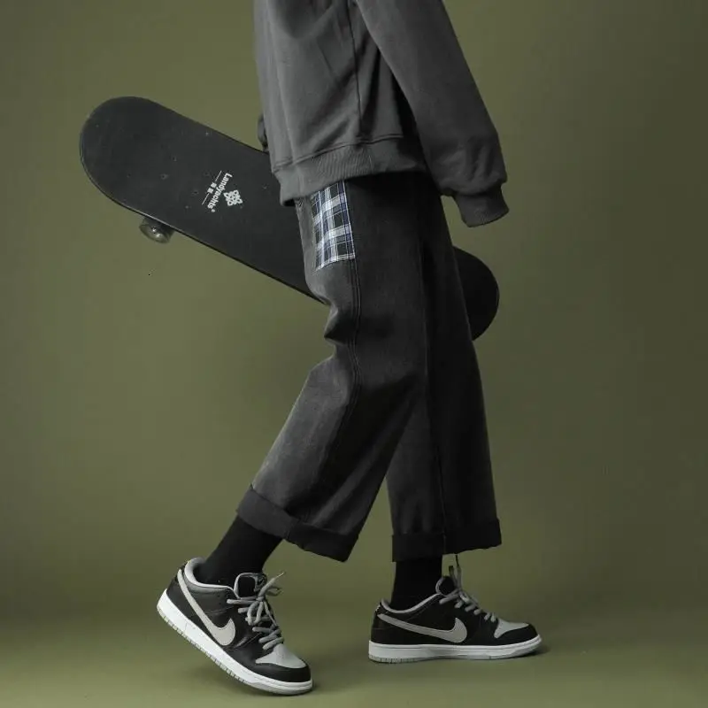 

Men's Fashion Plaid Printing Nostalgic Casual Pants Baggy Homme Straight Pants Cargo Pocket Jeans Leisure Biker Denim Trousers