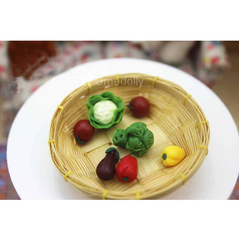 Бамбуковая корзина и мини-овощи 1 комплект для 1/12 кукольного домика миниатюрная