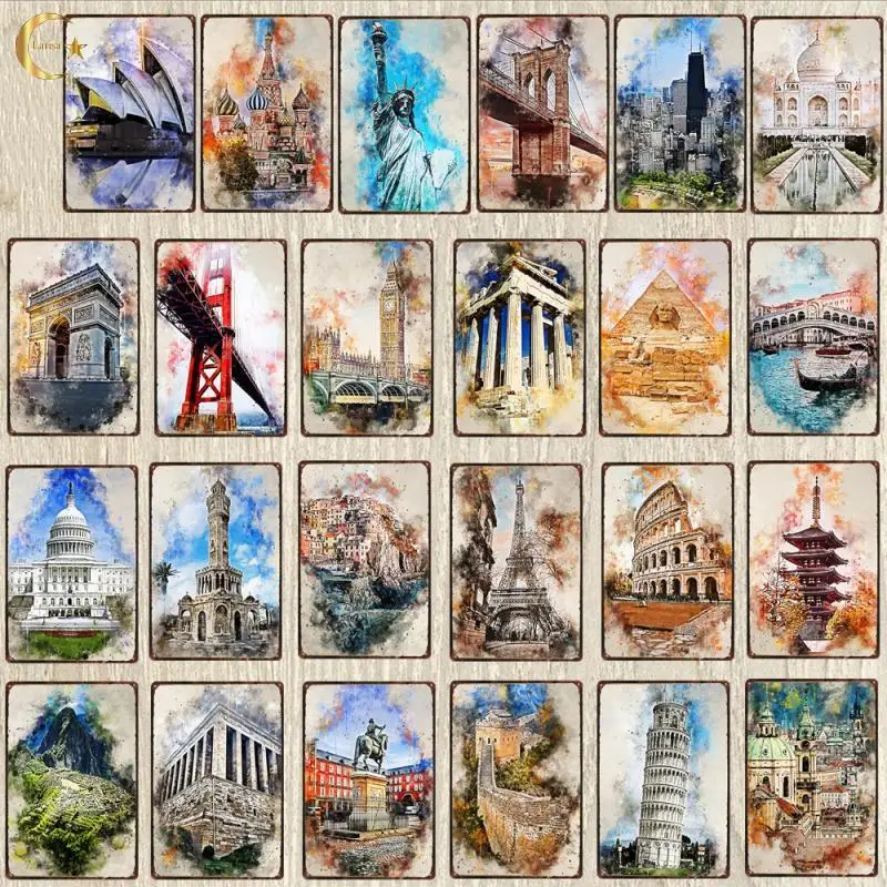 

Всемирно известный город строительный металлический постер Искусство граффити фотожестяной знак декор для бара кафе дома железные таблич...