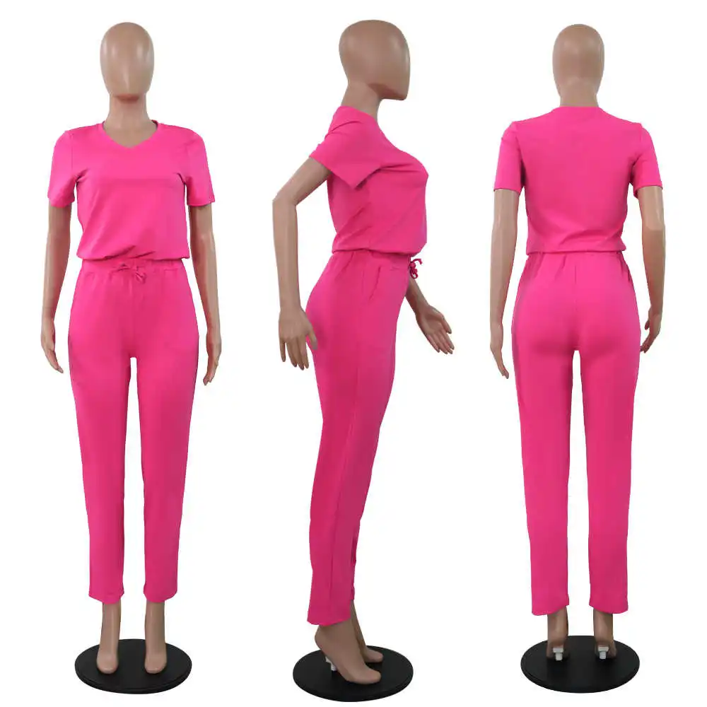 

Women Two Piece Set Tracksuit 2021 Summer Casual V-neck Short Sleeve T-shirts+Pants Jogger Set Suit 2pcs Solid Sportswear Outfit