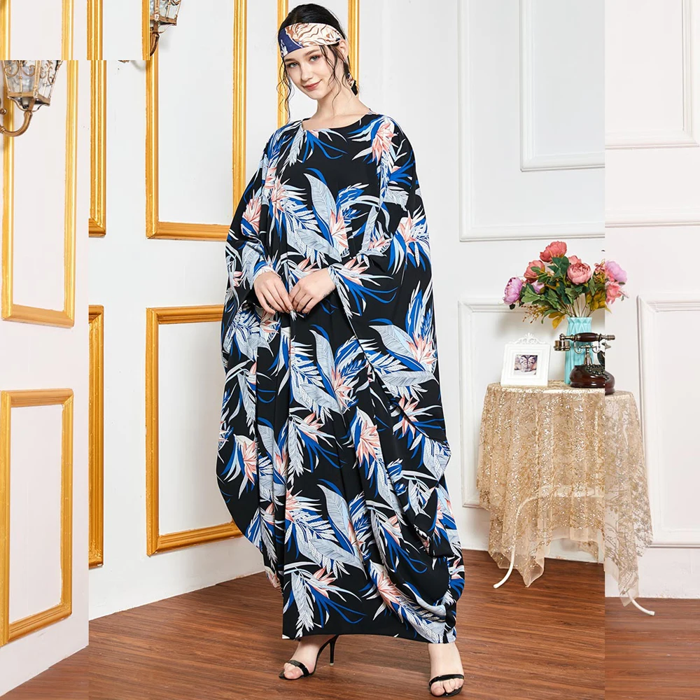 

Dubai Muslim Caftan Leaf Printed Abaya Batwing Sleeve Long Dress Maxi Robe Islamic Ramadan Casual Loose Gown Arab Jilbab Kaftan