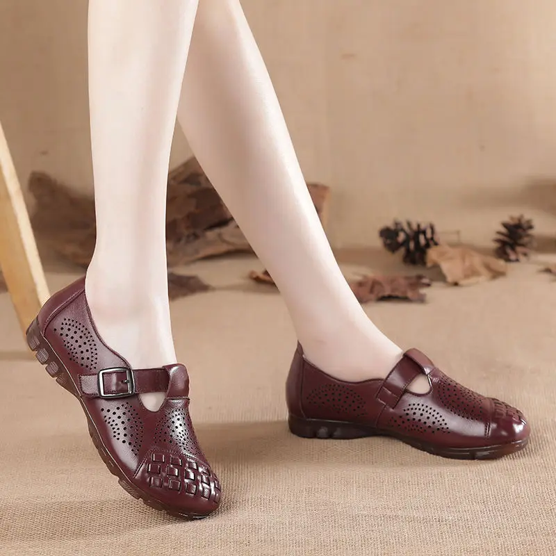 Flat Heels T Strap Mary Jane Shoes Women's Genuine Leather Ballet Flats Ladies Buckle Hollow Out Loafers Woman Woven Moccassins