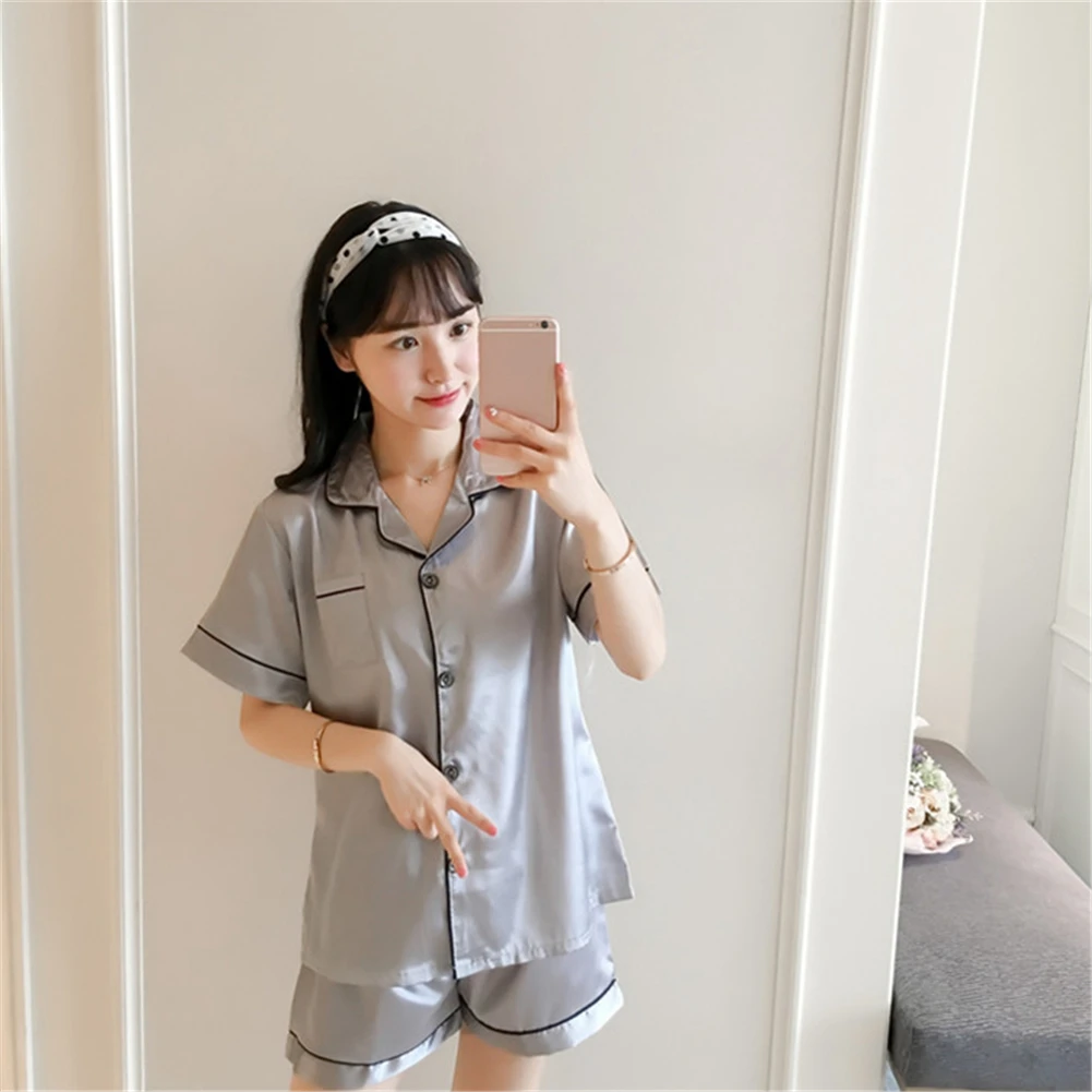 

2 Pieces Faux Silk Satin Pajamas Set Autumn Women High Quality Underwear Sleepwear Short Sleeve Nightgown Female Ladies Pajamas