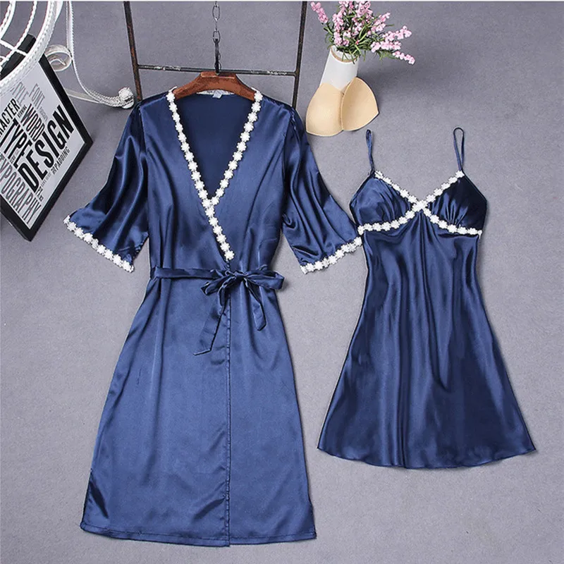 Темно синий сексуальный женский халат 2 шт. топ на бретелях пижамный комплект