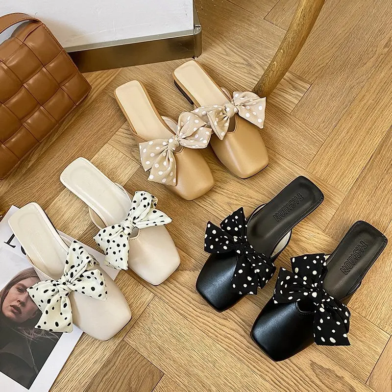

Summer fashion half slippers female thick heel square head Baotou slippers bowknot outer wear small fresh sandals and slippers X