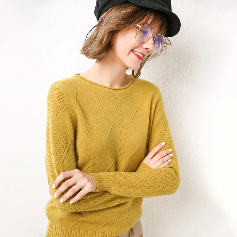 GCAROL New Women O Neck Curled Rhombic Sweater Fall Winter 30% Wool Cashmere Thick Jumper Stretch Warm OL Knitted Pullover S-3XL