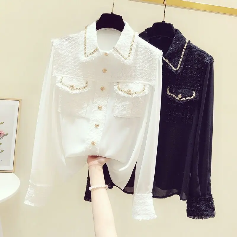 

2021 spring new high-end foreign style chiffon shirt women's long sleeve heavy industry splicing fashion small fragrance top
