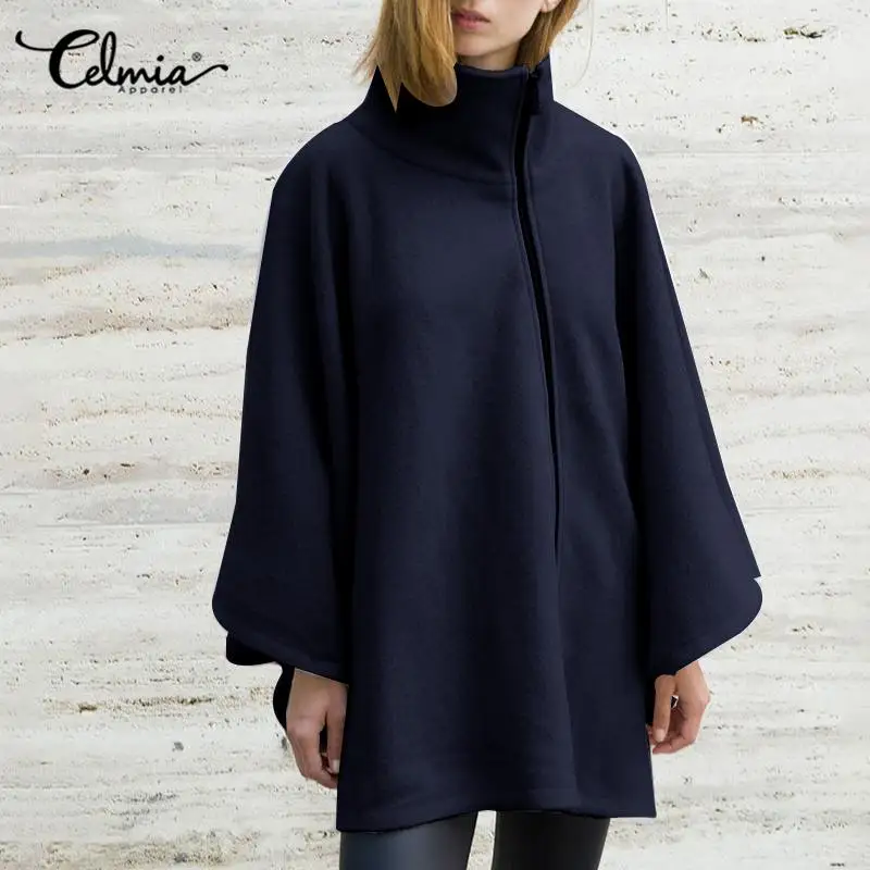 

Women Bat Sleeve Capes Ponchos Celmia 2021 Winter Autumn Casual Turtlenec Coats Solid Zipper Jackets Stylish Loose Fleece Cloaks