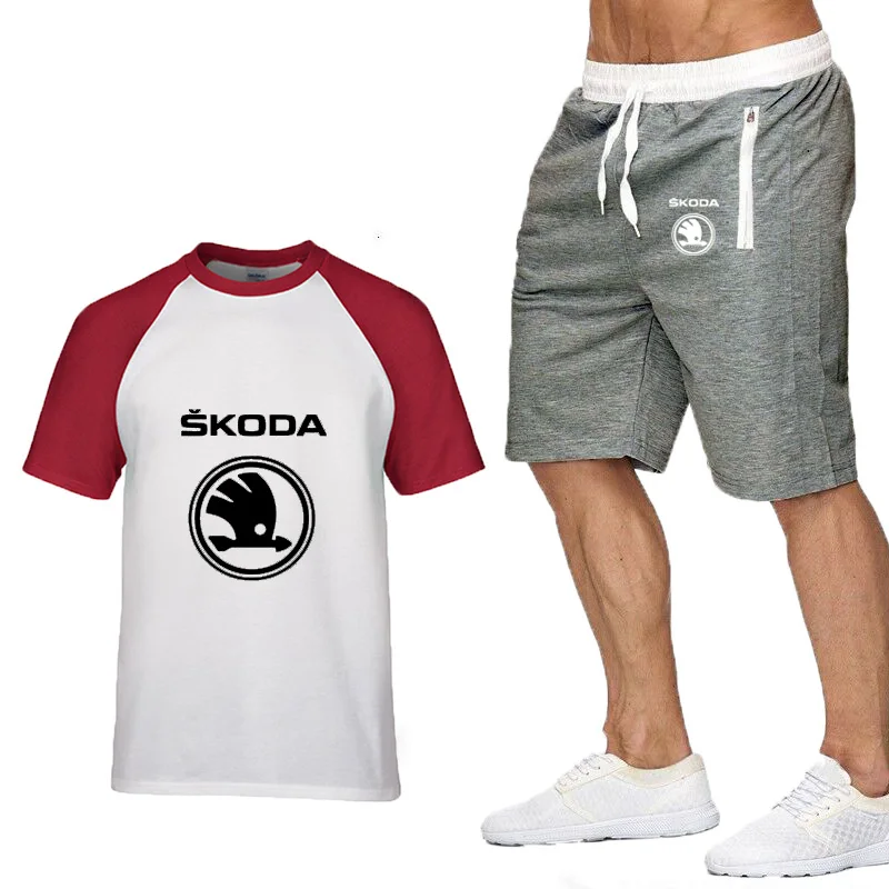 

Summer Men's short sleeve Skoda Car Logo Printed Fashion Short sleeve High Quality Cotton Mens T-Shirt+Pants Suit 2Pcs