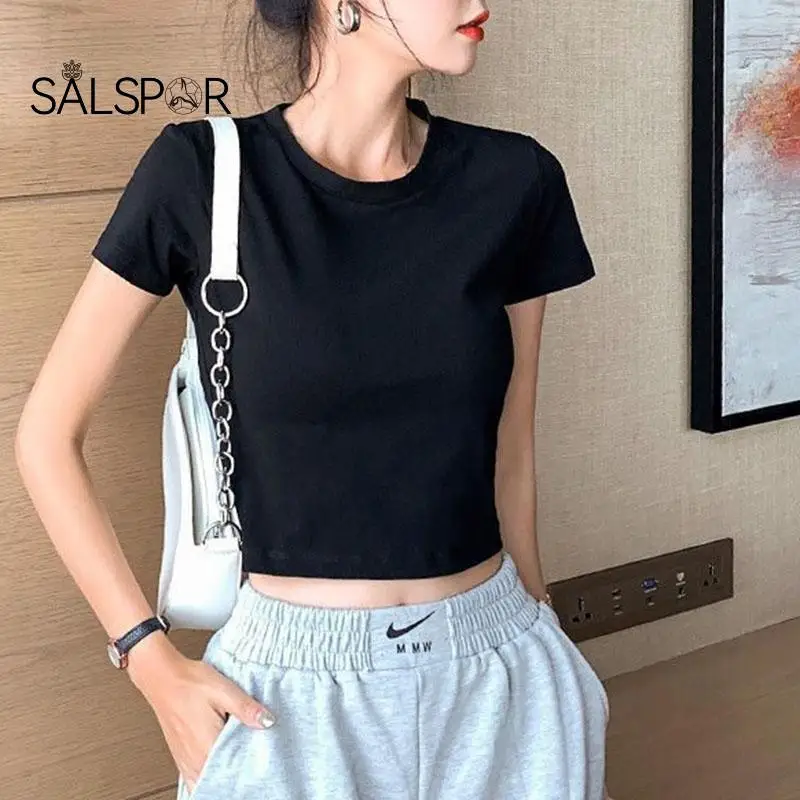 

Спортивный топ SALSPOR для женщин, футболка с коротким рукавом, летняя Облегающая рубашка, короткий сексуальный однотонный спортивный топ с вы...