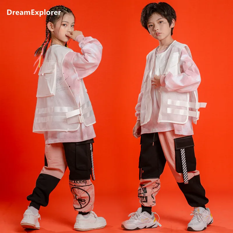 

Жилет с карманами для мальчиков и девочек, толстовка с принтом, брюки-карго, Детские Джоггеры для уличных танцев, джазовая уличная одежда, комплекты одежды для подростков
