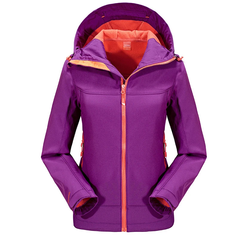 

2019 Autumn Winter Outdoor Soft Shell Hiking Jacket Women Set Solid Color Hooded Sports Mountaineering Warm Windproof Waterproof