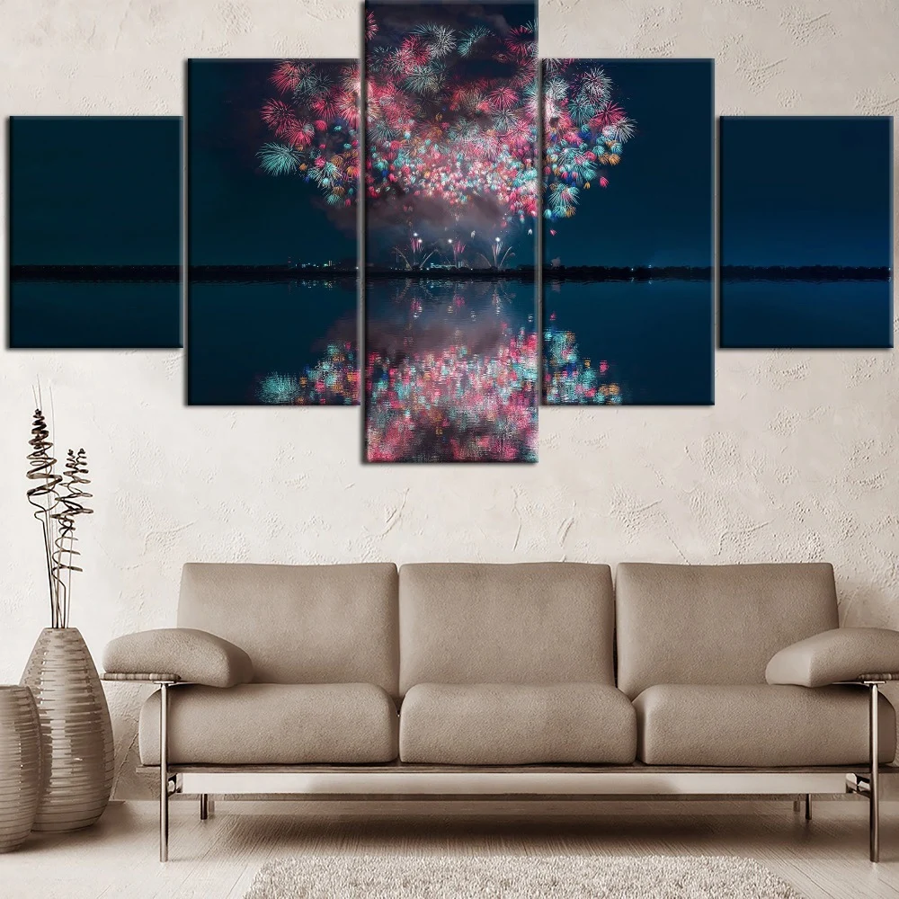 

5 Pieces Wall Art Canvas Painting Fireworks Landscape Poster Modern Living Room Home Modular Framework Pictures Decoration
