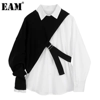 eam women white knitting split big size blouse new lapel long sleeve loose fit shirt fashion tide spring autumn 2022 1dc019