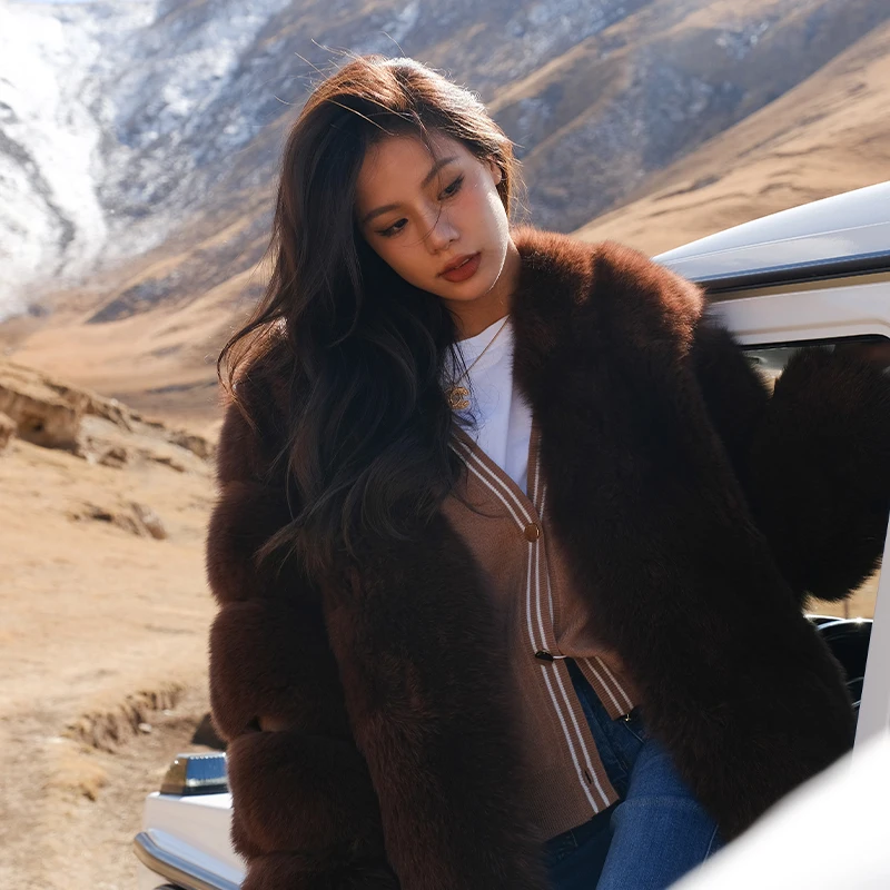 Natural Fox Fur Jacket for Women Winter Outwear 2022 New Trendy Thick Medium Length V-neck Whole Skin Genuine Fox Fur Coat Woman