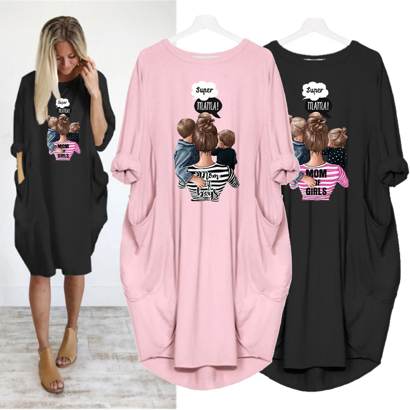 

Plus Size Women's Midi Dress Long Sleeve Dresses Super Mama Print o Neck Loose Pocket Casual Vintage Vestidos Robe Femme Autumn