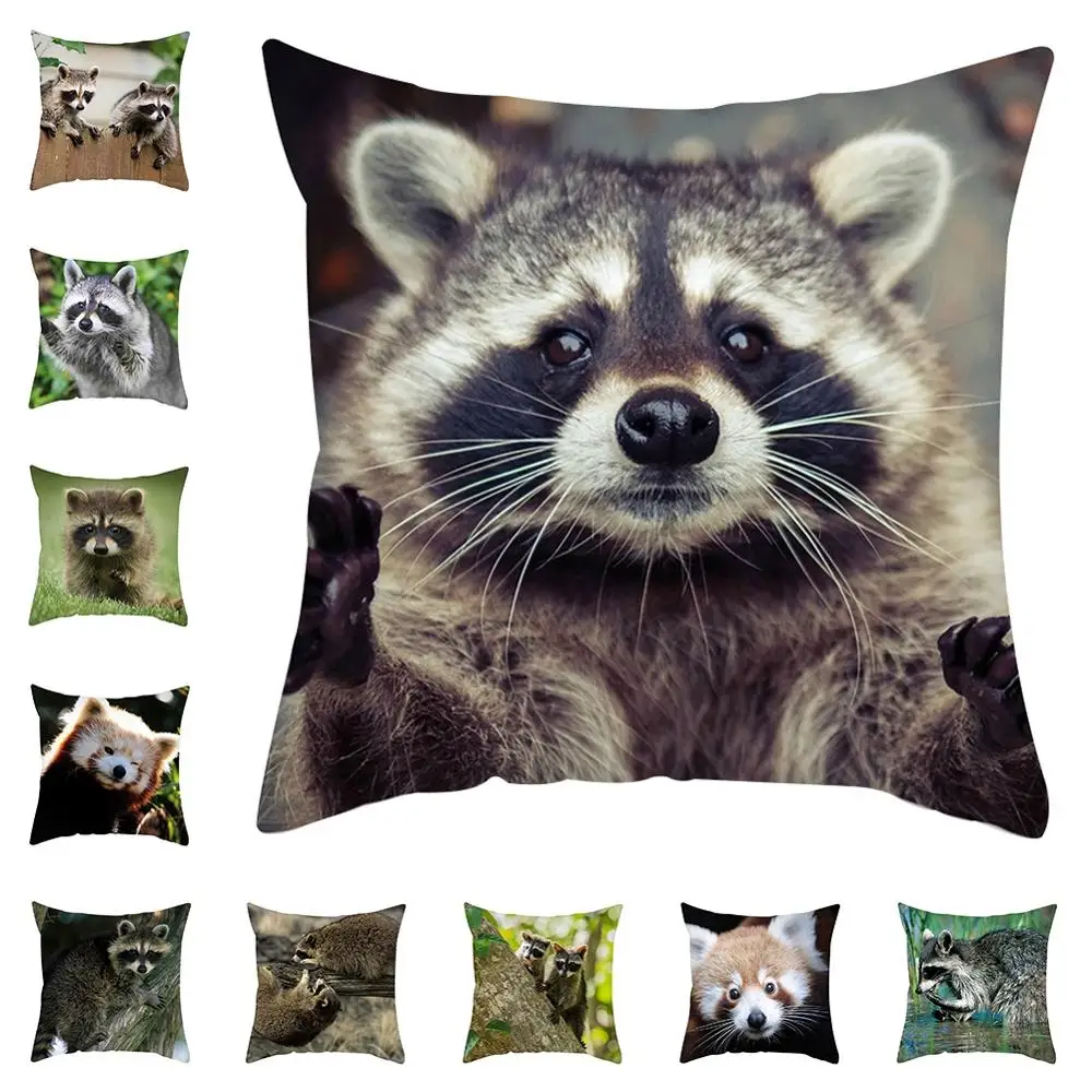 

18" Cute Raccoon Animal Printing Throw Pillow Case Sofa Seat Bedroom Office Soft Peach Skin Cushion Cover Home Decoration
