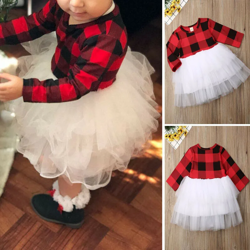 pudcoco Christmas Plaids Tulle Ball Gown Dresses Fashion Long sleeve Princess Wedding Birthday Dress For Baby Kid Girl 1-5 Years | Детская
