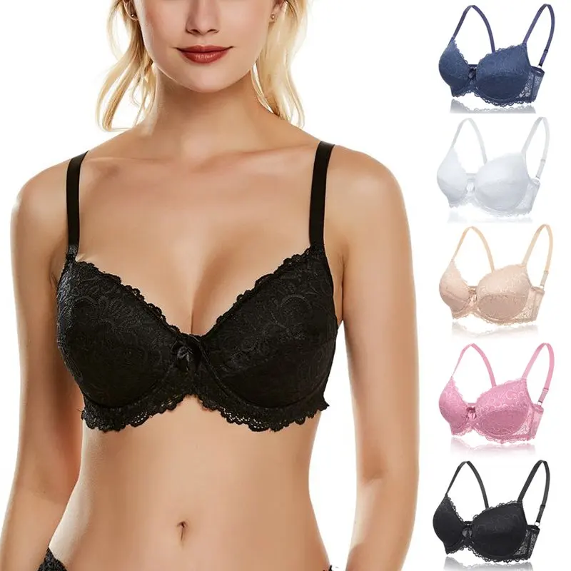 

Sexy Underwire Bow Solid Color Bra Fashion Chic Hollow Out Lace Bralette Breathable Push Up Bras For Women 2019