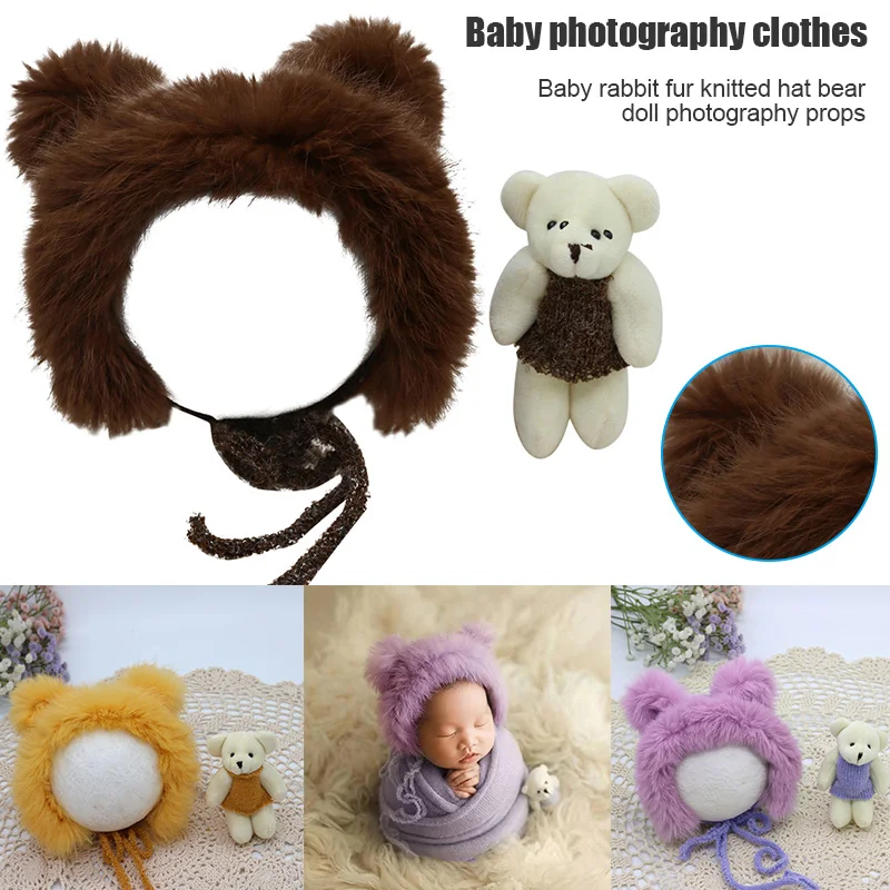 

Baby Photography Prop Newborn Plush Knitted Hat and Bear Doll Set for Infant YH-17