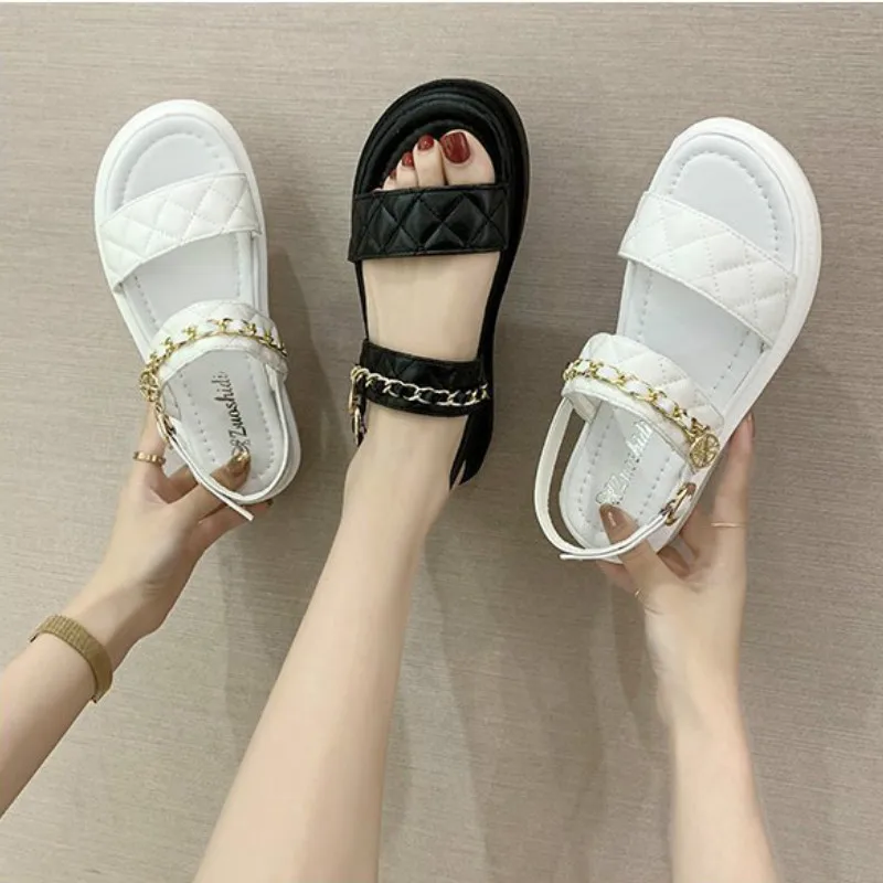 

Leisure Summer New Women Sandals Solid Fashion Buckle Strap Back Strap Wedges Word Deduction Chain Med (3cm-5cm) Thick Bottom