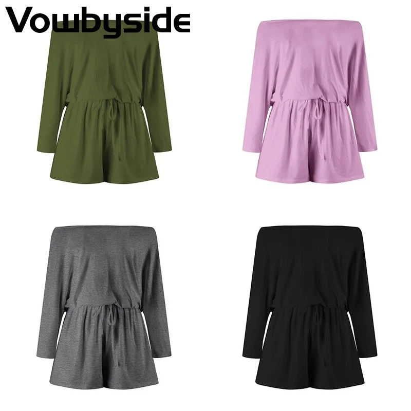 

Women's Rompers Playsuits Solid Color Slash Neck Three-quarter Sleeve Lace Up Jumpsuit Casual Shorts