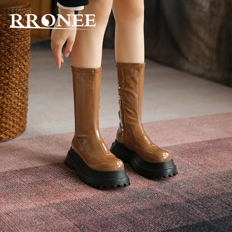 

Women's autumn/winter boots with thick soles, medium boots, sponge soles, thin boots, brown patent-leather elastic boots