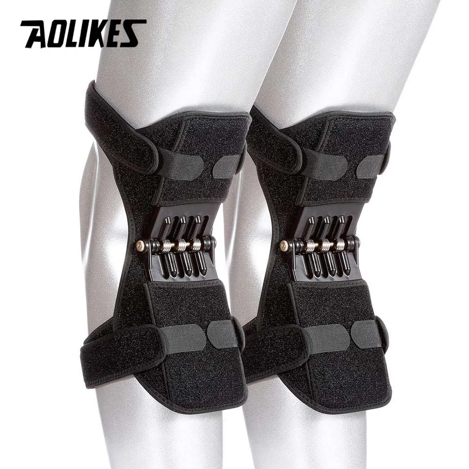 AOLIKES совместных Поддержка наколенники, дышащая, с противоскользящим эффектом; лифт облегчение боли в колене Мощность пружины стабилизатор колена усилитель для Elde - Цвет: 1 Pair Black
