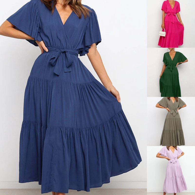 

2021 Dress Women Spring V Neck Cross Belt Tunic Solid Color Fashion Casual Ankle Length Dresses